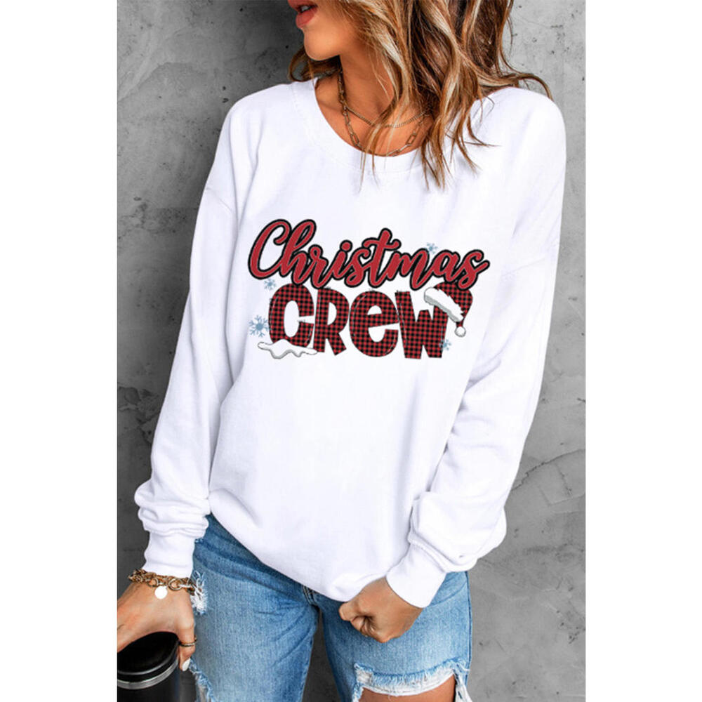 White Christmas Crew Plaid Graphic Print Pullover Sweatshirt